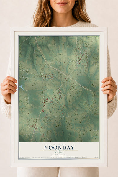 Map of Noonday, Texas, 18 x 24 inch print in a white wood frame