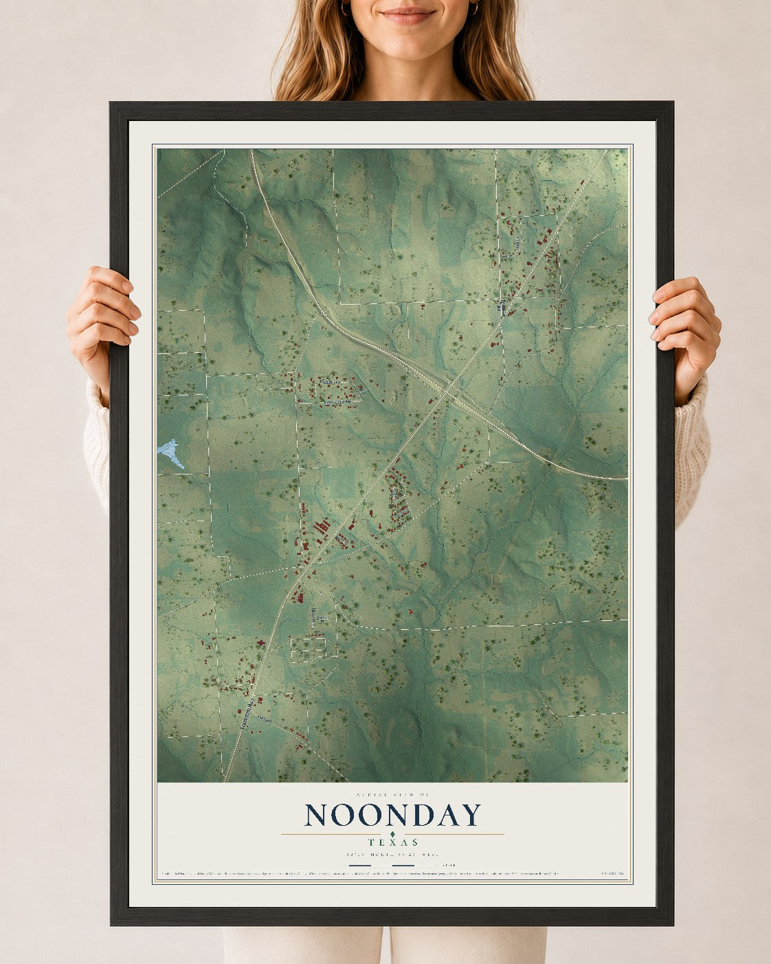 Map of Noonday, Texas, 24 x 36 inch print in a black wood frame