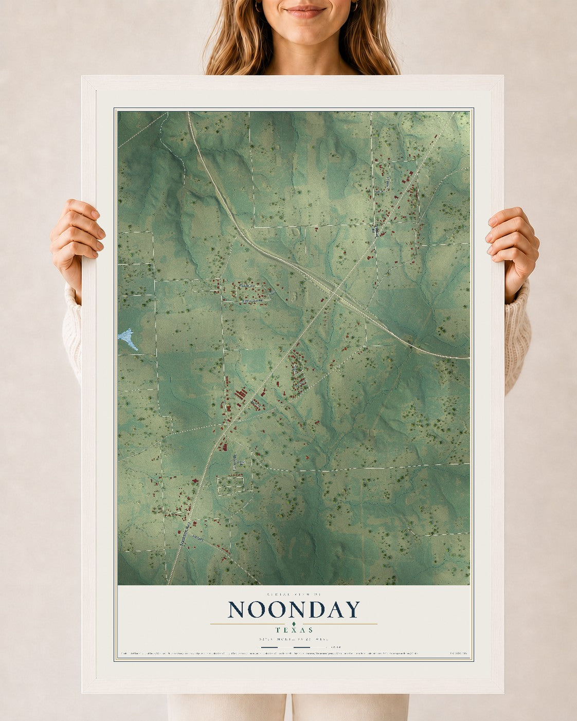 Map of Noonday, Texas, 24 x 36 inch print in a white wood frame