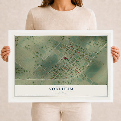 Map of Nordheim, Texas, 12 x 18 inch print in a white wood frame