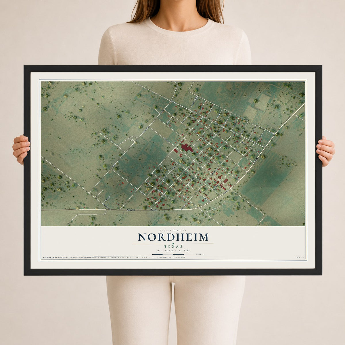 Map of Nordheim, Texas, 24 x 36 inch print in a black wood frame