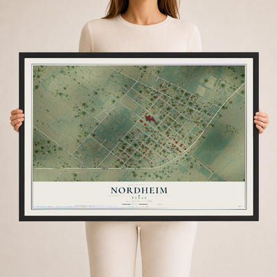 Map of Nordheim, Texas, 24 x 36 inch print in a black wood frame