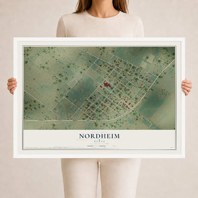 Map of Nordheim, Texas, 24 x 36 inch print in a white wood frame