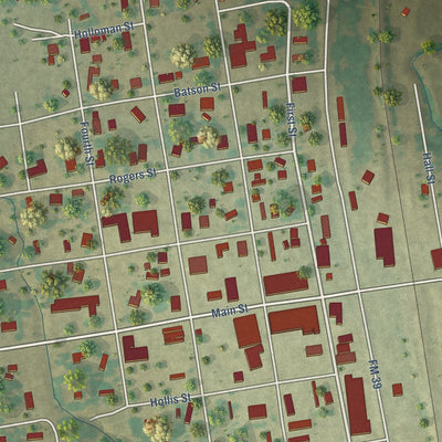 Close-up of the map of Normangee, Texas print showing street and building detail