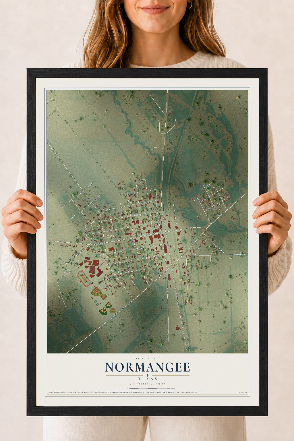 Map of Normangee, Texas, 18 x 24 inch print in a black wood frame