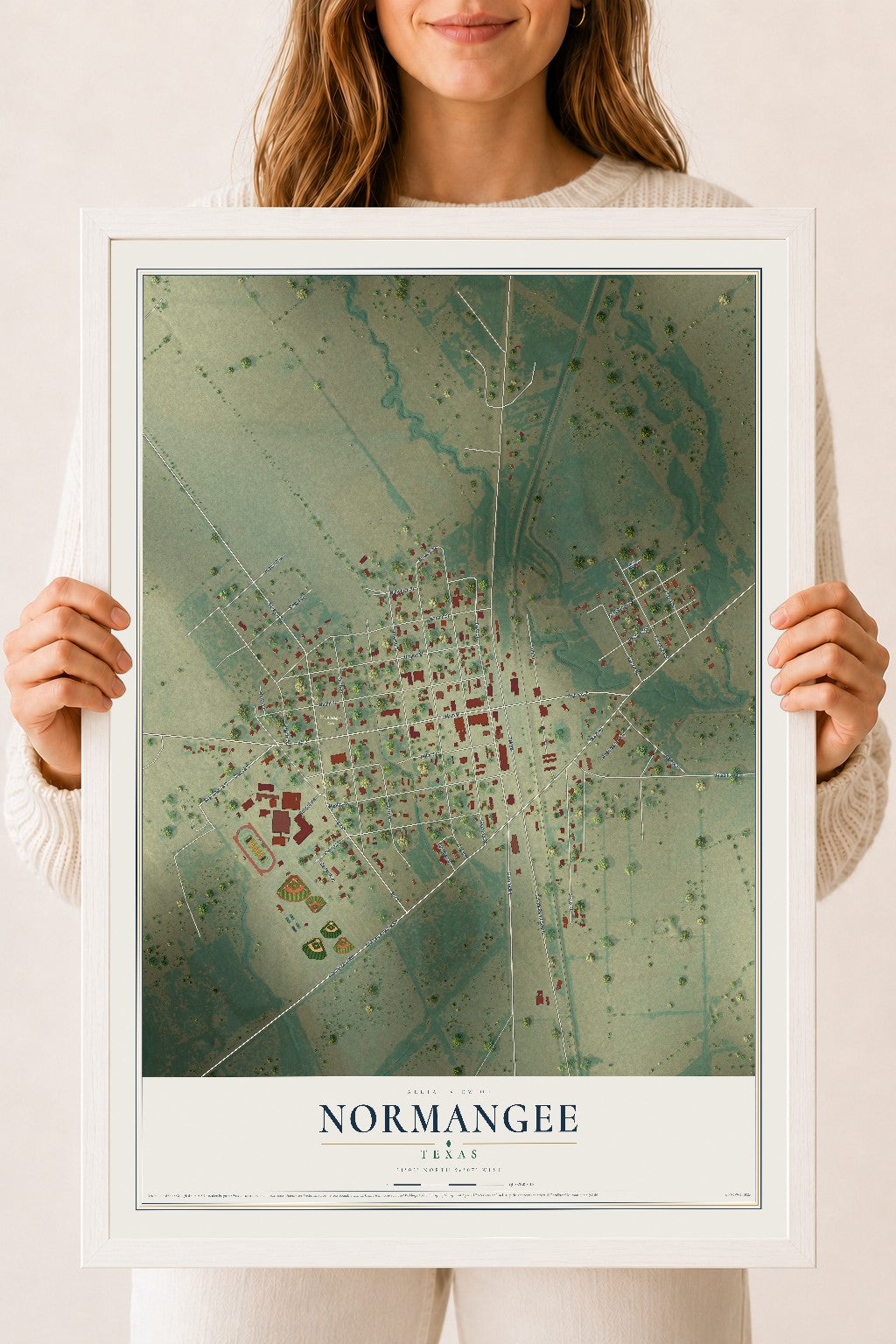 Map of Normangee, Texas, 18 x 24 inch print in a white wood frame