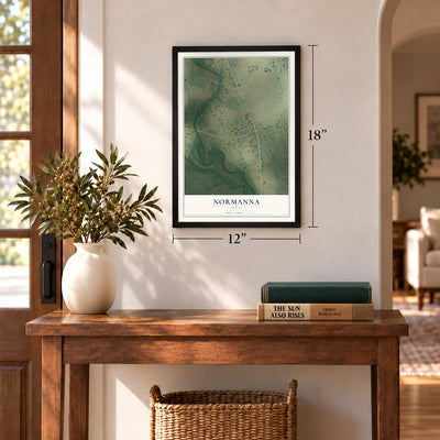 Normanna, Texas map, 12 x 18 inch print in a black frame in an entryway
