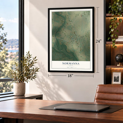 Normanna, Texas map, 18 x 24 inch print in a black frame in a home office