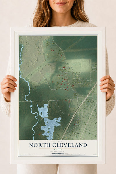 Map of North Cleveland, Texas, 18 x 24 inch print in a white wood frame