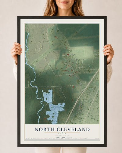Map of North Cleveland, Texas, 24 x 36 inch print in a black wood frame