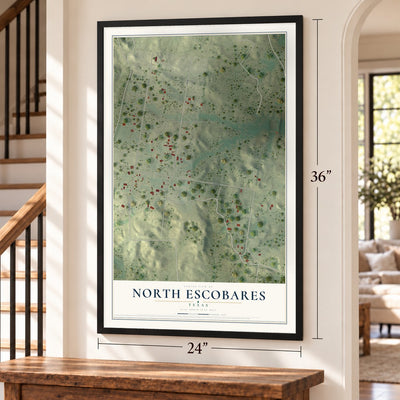 North Escobares, Texas map, 24 x 36 inch print in a black frame by a staircase