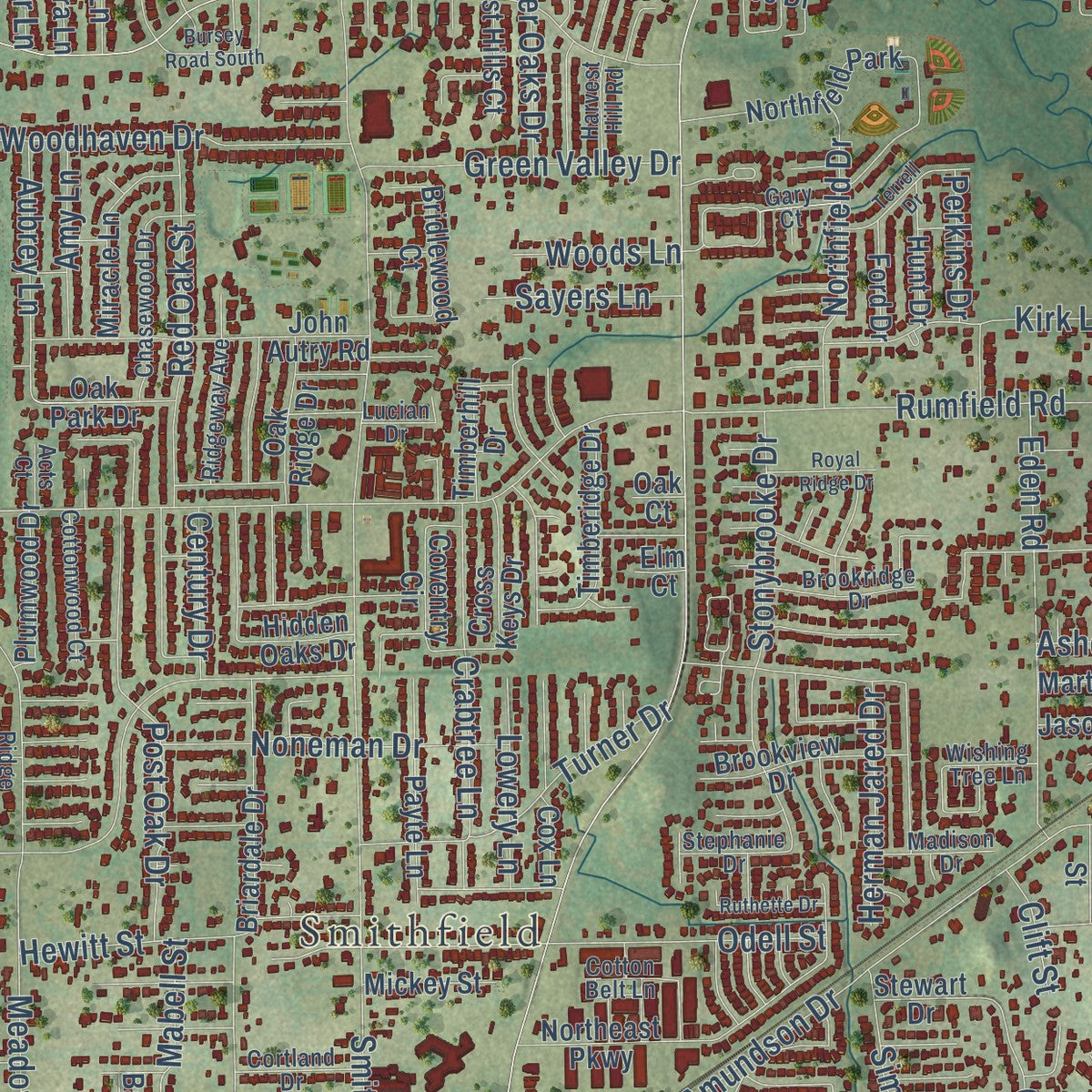 Second close-up of the map of North Richland Hills, Texas print showing more streets and buildings