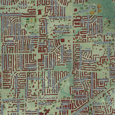 Second close-up of the map of North Richland Hills, Texas print showing more streets and buildings