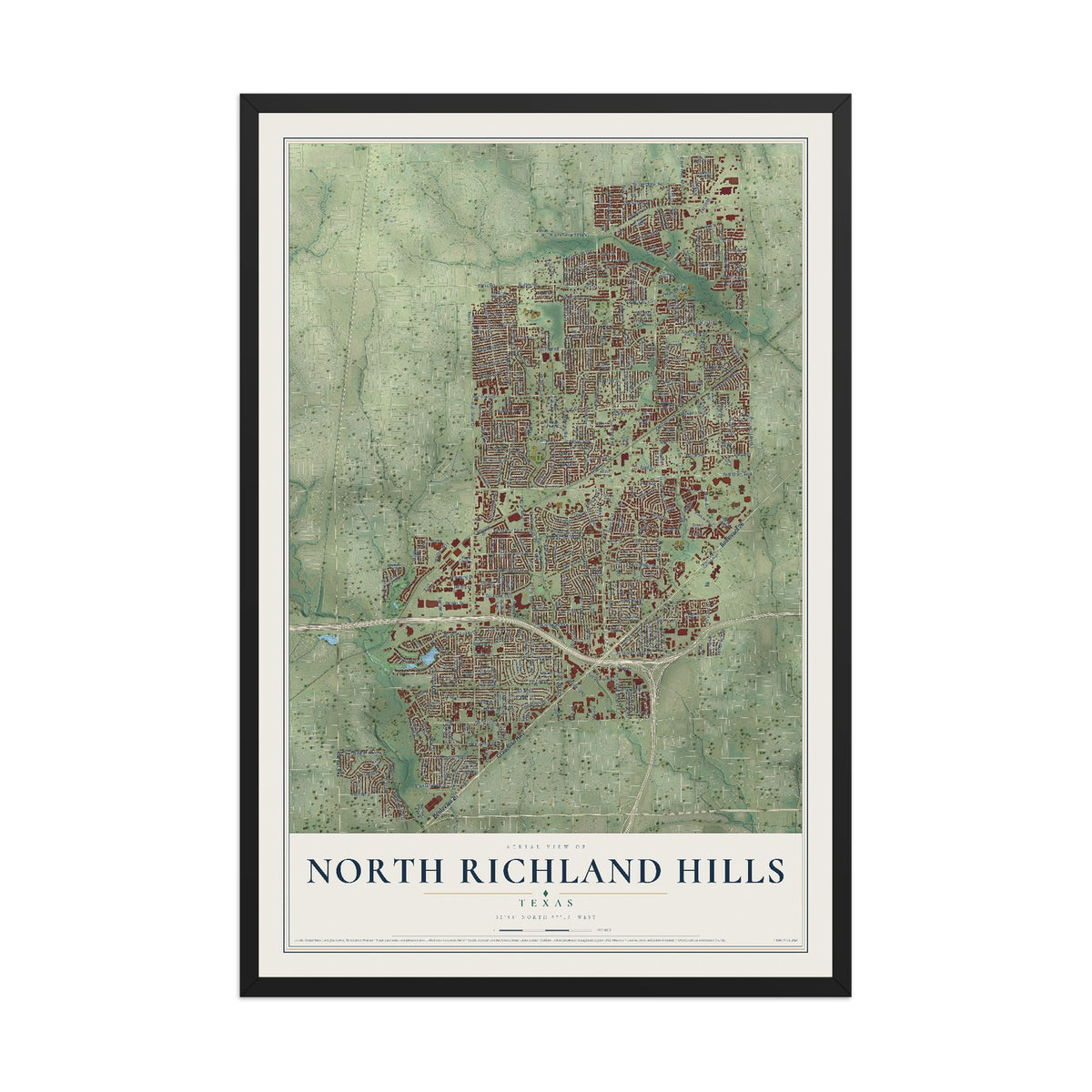 Map of North Richland Hills, Texas, 12 x 18 inch print in a black wood frame