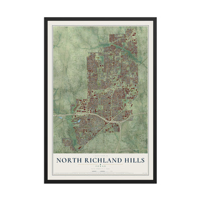 Map of North Richland Hills, Texas, 12 x 18 inch print in a black wood frame