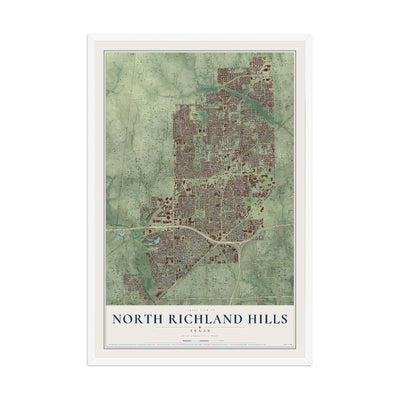 Map of North Richland Hills, Texas, 12 x 18 inch print in a white wood frame
