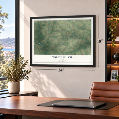 North Zulch, Texas map, 18 x 24 inch print in a black frame in a home office