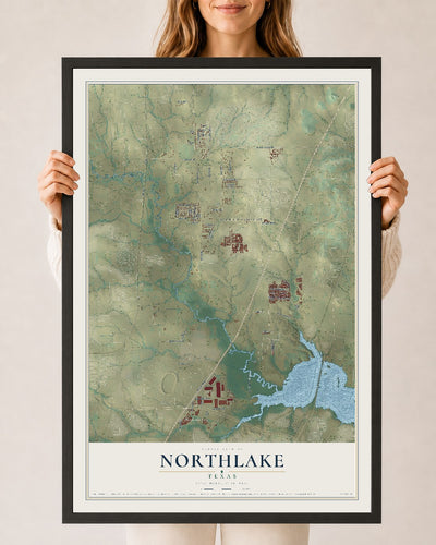 Map of Northlake, Texas, 24 x 36 inch print in a black wood frame