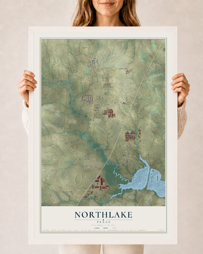 Map of Northlake, Texas, 24 x 36 inch print in a white wood frame