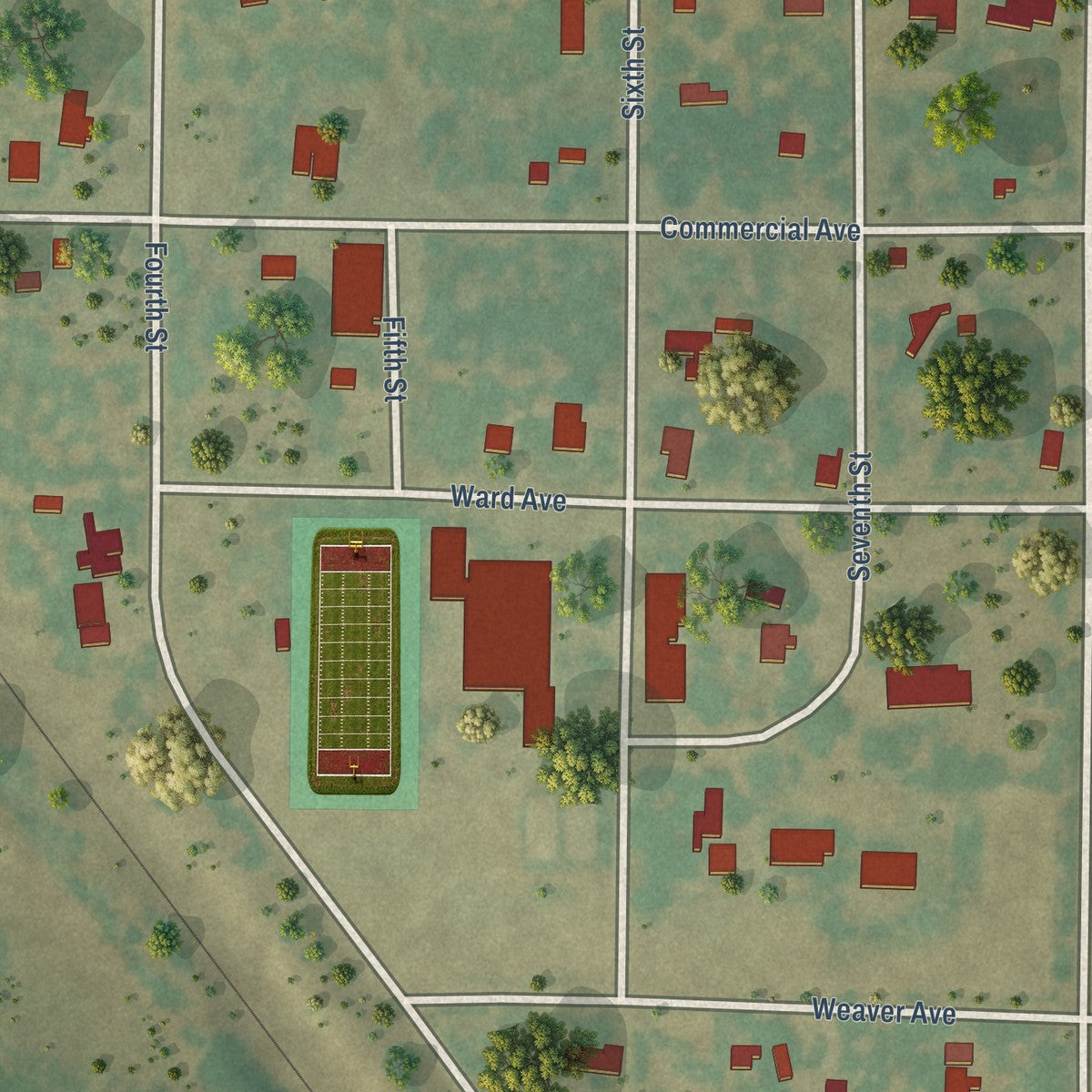 Second close-up of the map of Novice, Texas print showing more streets and buildings
