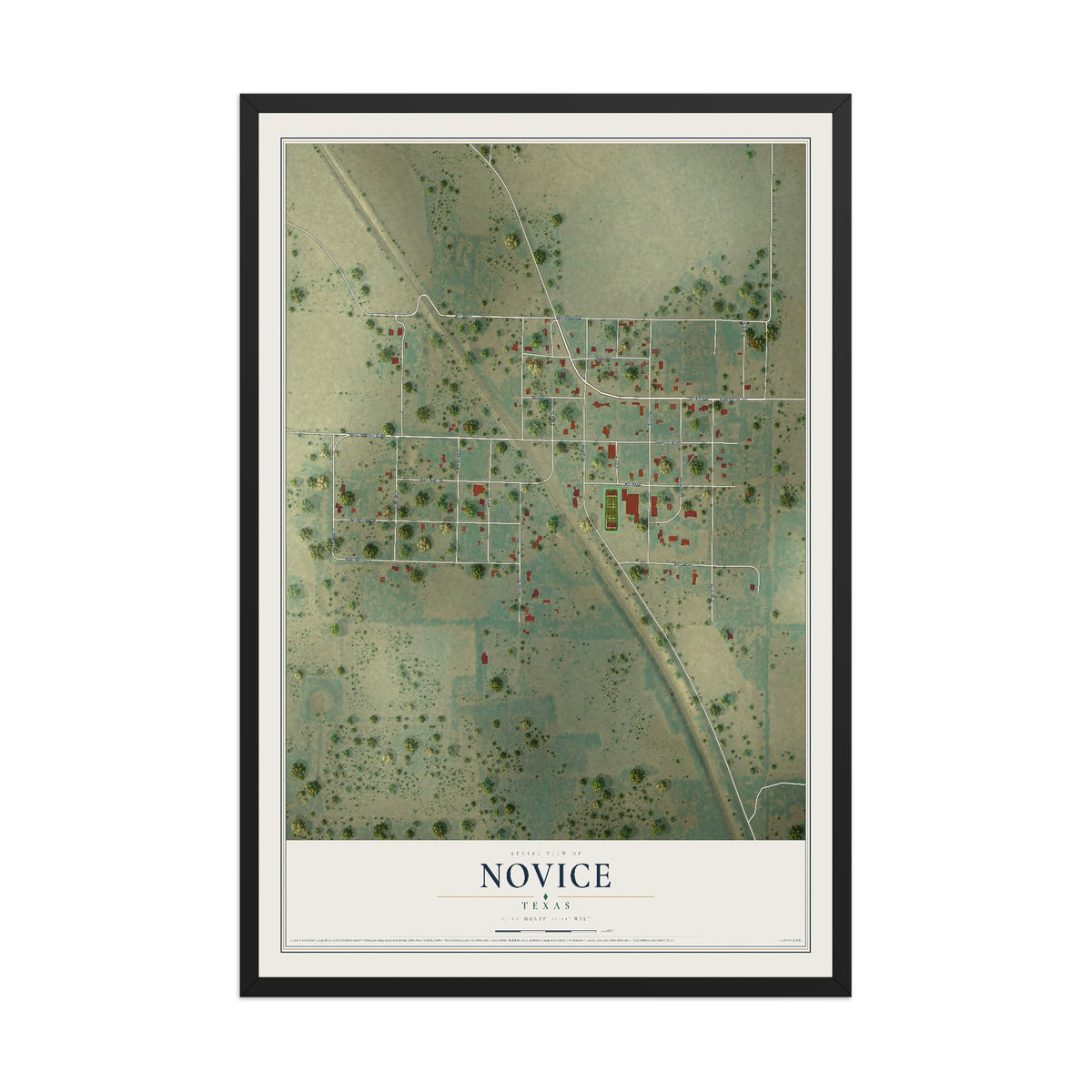 Map of Novice, Texas, 12 x 18 inch print in a black wood frame