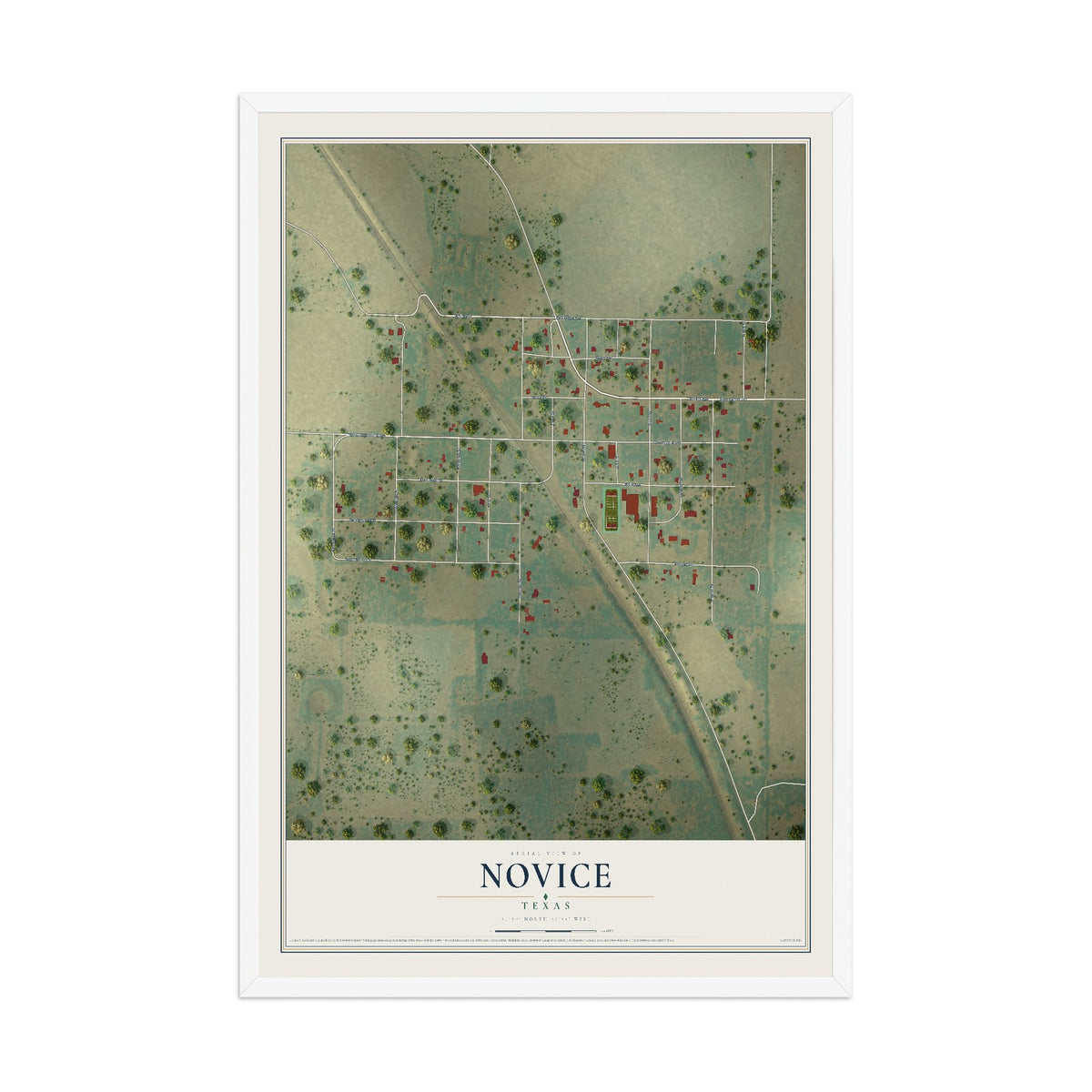 Map of Novice, Texas, 12 x 18 inch print in a white wood frame