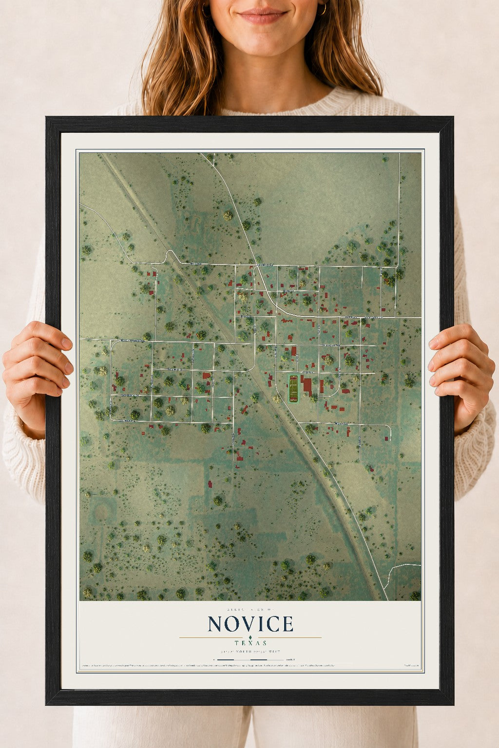 Map of Novice, Texas, 18 x 24 inch print in a black wood frame
