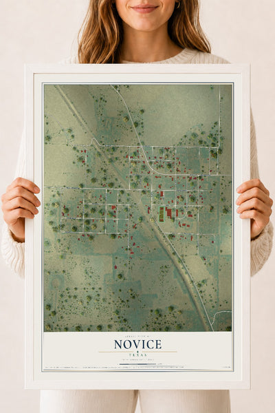 Map of Novice, Texas, 18 x 24 inch print in a white wood frame