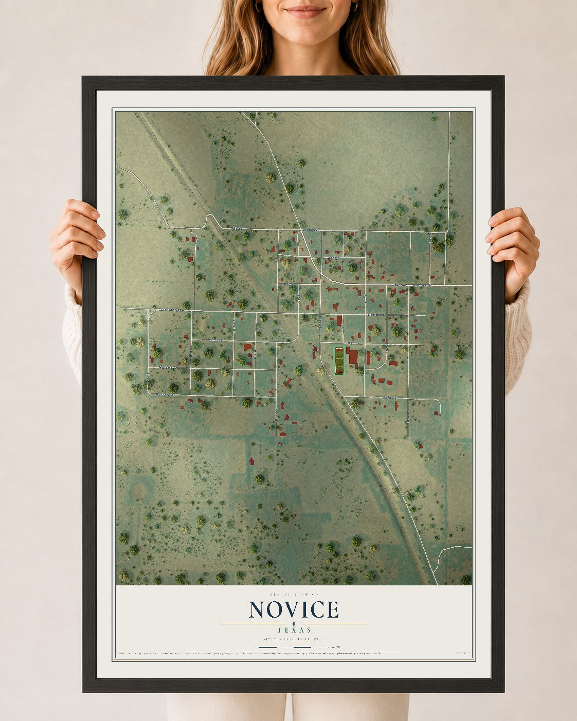 Map of Novice, Texas, 24 x 36 inch print in a black wood frame