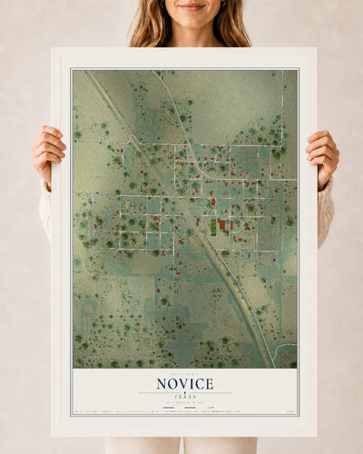 Map of Novice, Texas, 24 x 36 inch print in a white wood frame