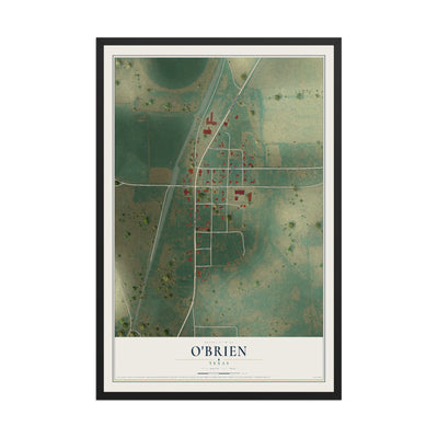 Map of O'Brien, Texas, 12 x 18 inch print in a black wood frame