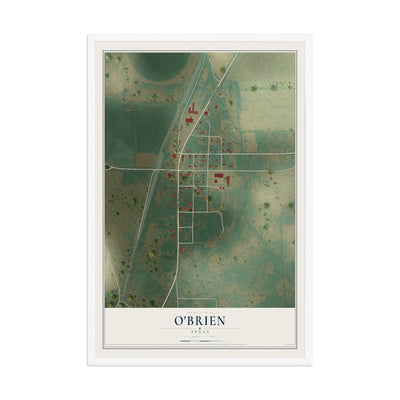 Map of O'Brien, Texas, 12 x 18 inch print in a white wood frame