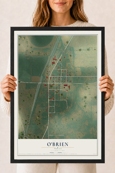Map of O'Brien, Texas, 18 x 24 inch print in a black wood frame