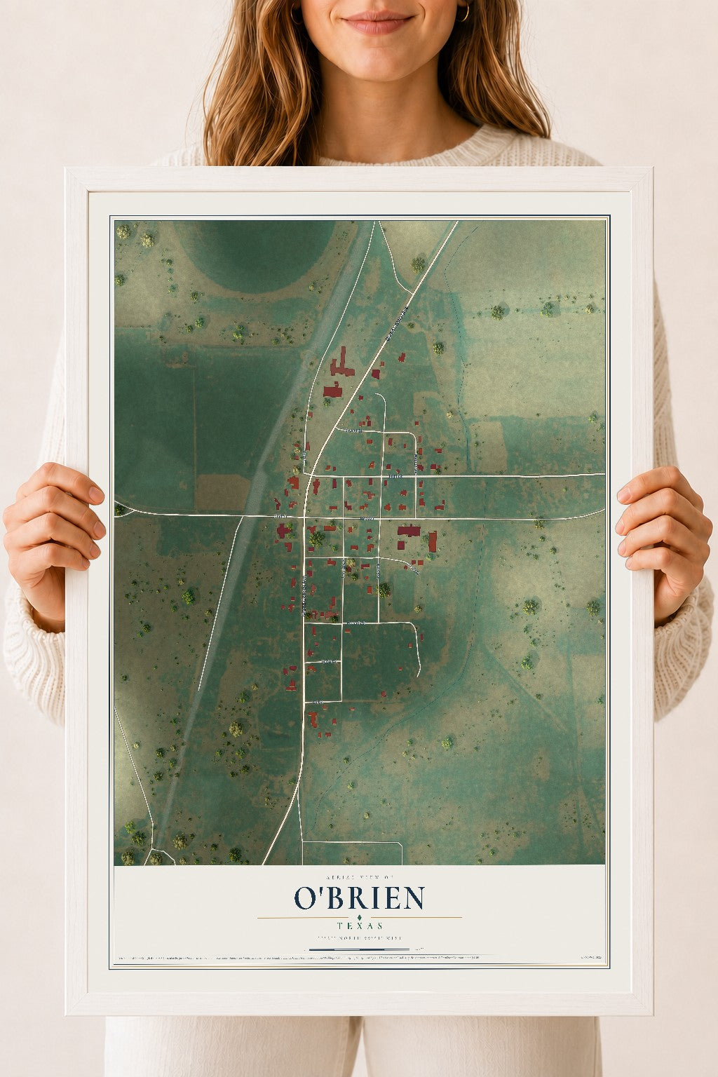 Map of O'Brien, Texas, 18 x 24 inch print in a white wood frame