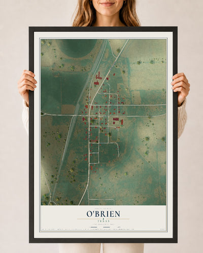 Map of O'Brien, Texas, 24 x 36 inch print in a black wood frame