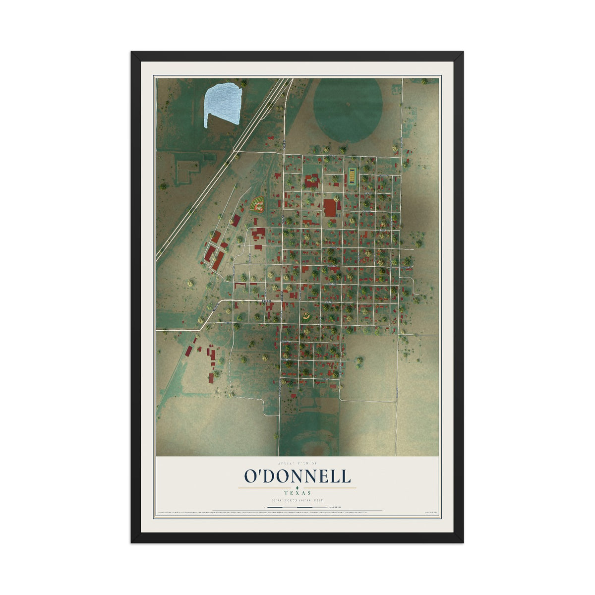 Map of O'Donnell, Texas, 12 x 18 inch print in a black wood frame
