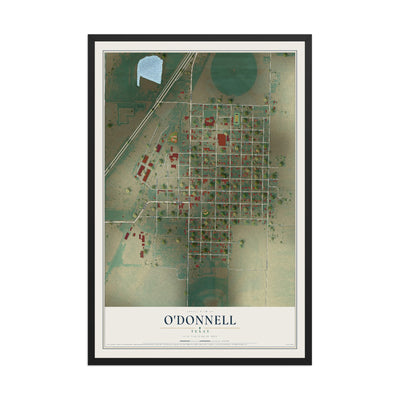 Map of O'Donnell, Texas, 12 x 18 inch print in a black wood frame