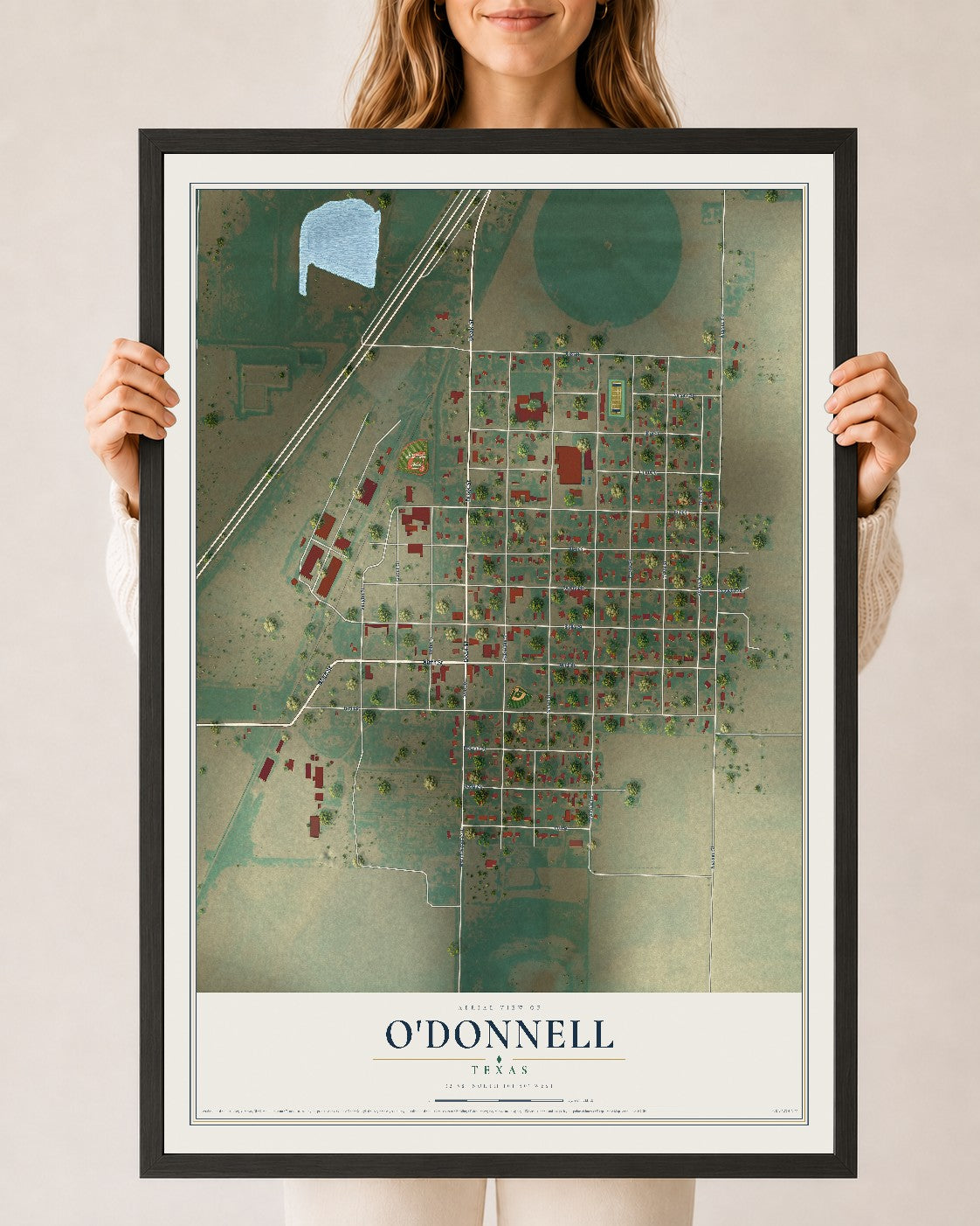 Map of O'Donnell, Texas, 24 x 36 inch print in a black wood frame