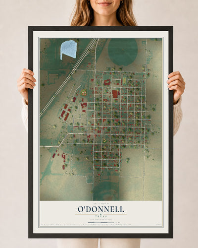 Map of O'Donnell, Texas, 24 x 36 inch print in a black wood frame