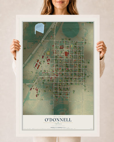 Map of O'Donnell, Texas, 24 x 36 inch print in a white wood frame