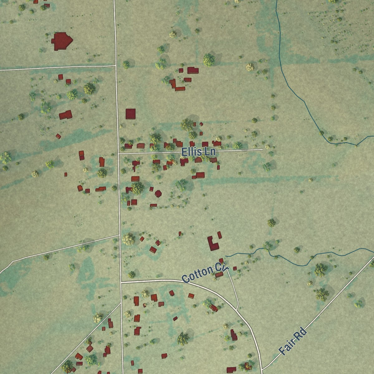 Second close-up of the map of Oak Grove, Texas print showing more streets and buildings