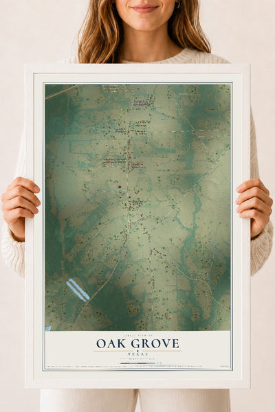 Map of Oak Grove, Texas, 18 x 24 inch print in a white wood frame
