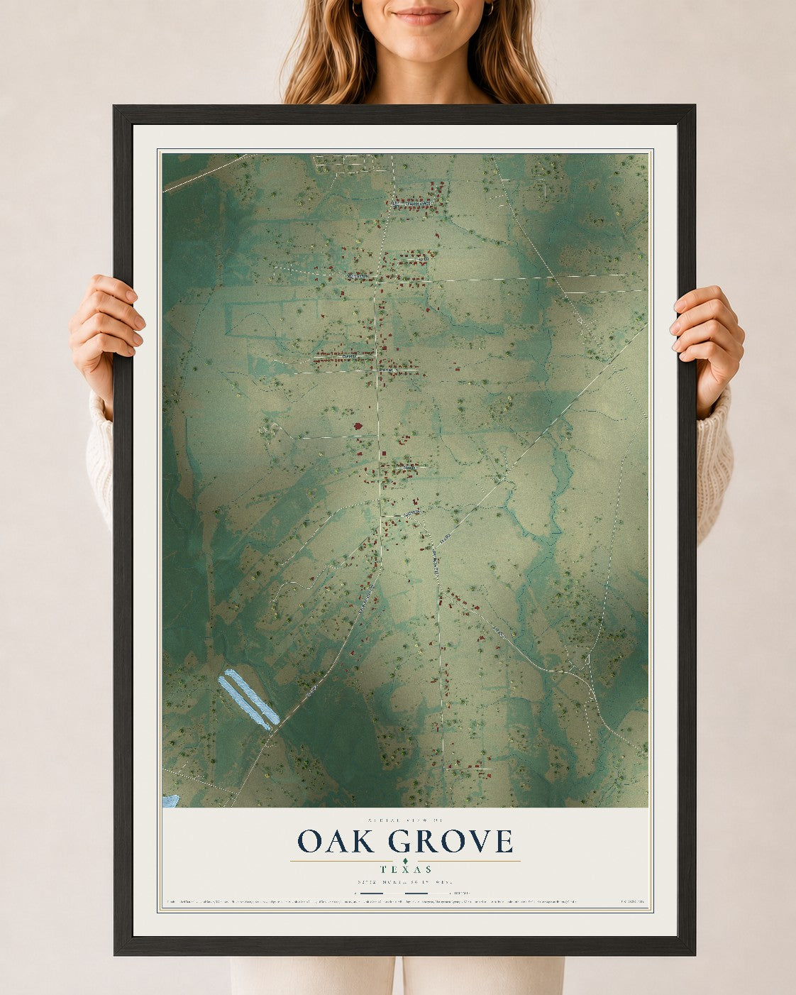 Map of Oak Grove, Texas, 24 x 36 inch print in a black wood frame