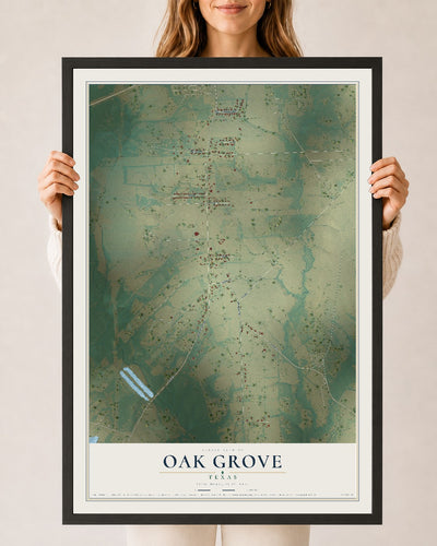 Map of Oak Grove, Texas, 24 x 36 inch print in a black wood frame