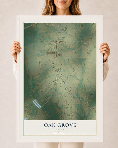 Map of Oak Grove, Texas, 24 x 36 inch print in a white wood frame
