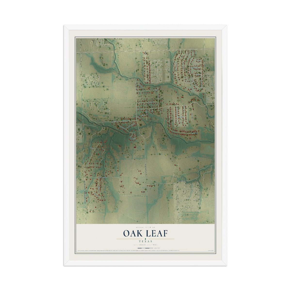 Map of Oak Leaf, Texas, 12 x 18 inch print in a white wood frame