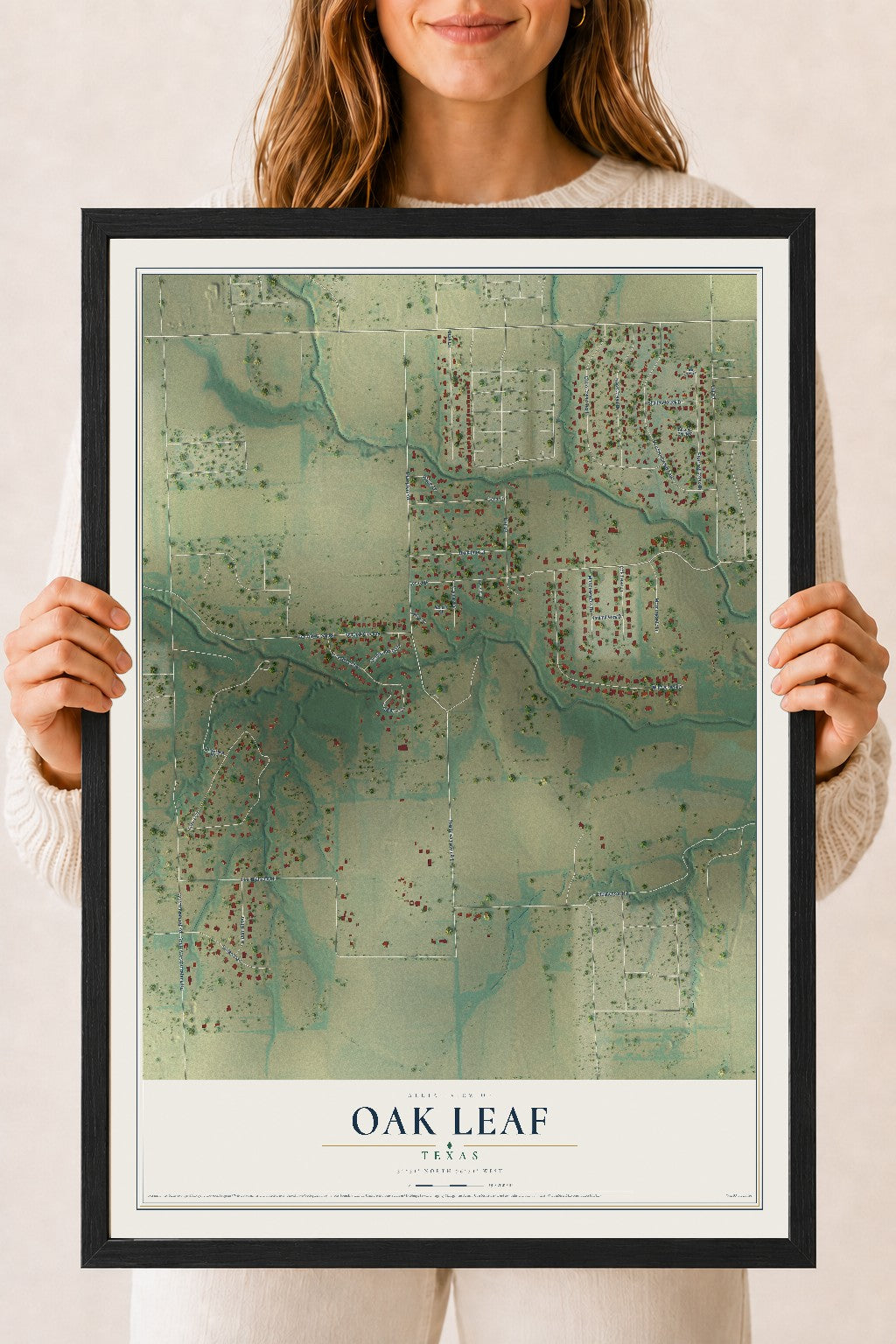 Map of Oak Leaf, Texas, 18 x 24 inch print in a black wood frame