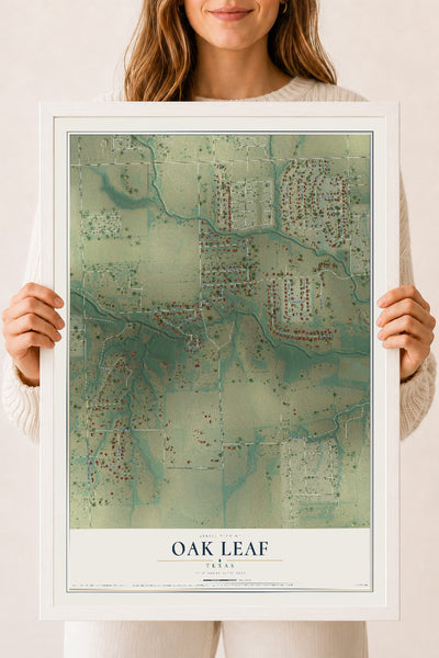 Map of Oak Leaf, Texas, 18 x 24 inch print in a white wood frame