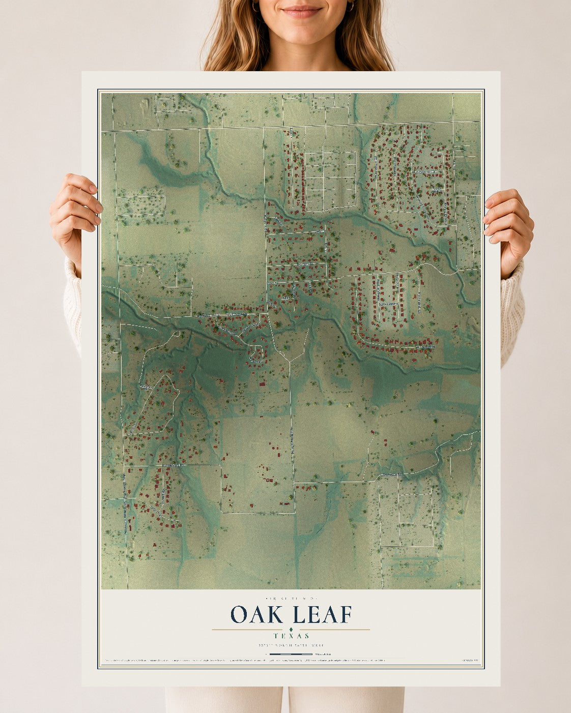 Map of Oak Leaf, Texas, 24 x 36 inch unframed archival matte print