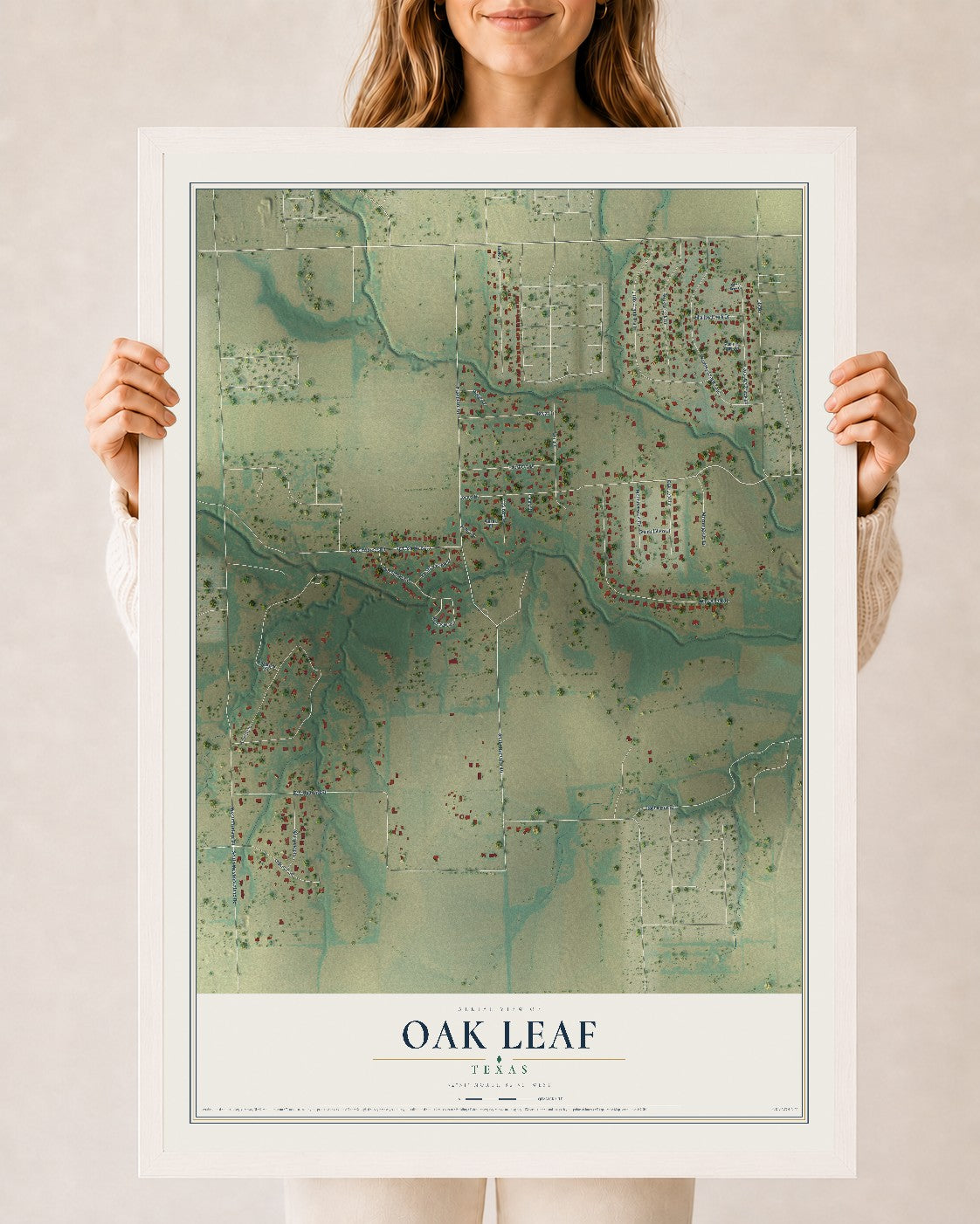 Map of Oak Leaf, Texas, 24 x 36 inch print in a white wood frame
